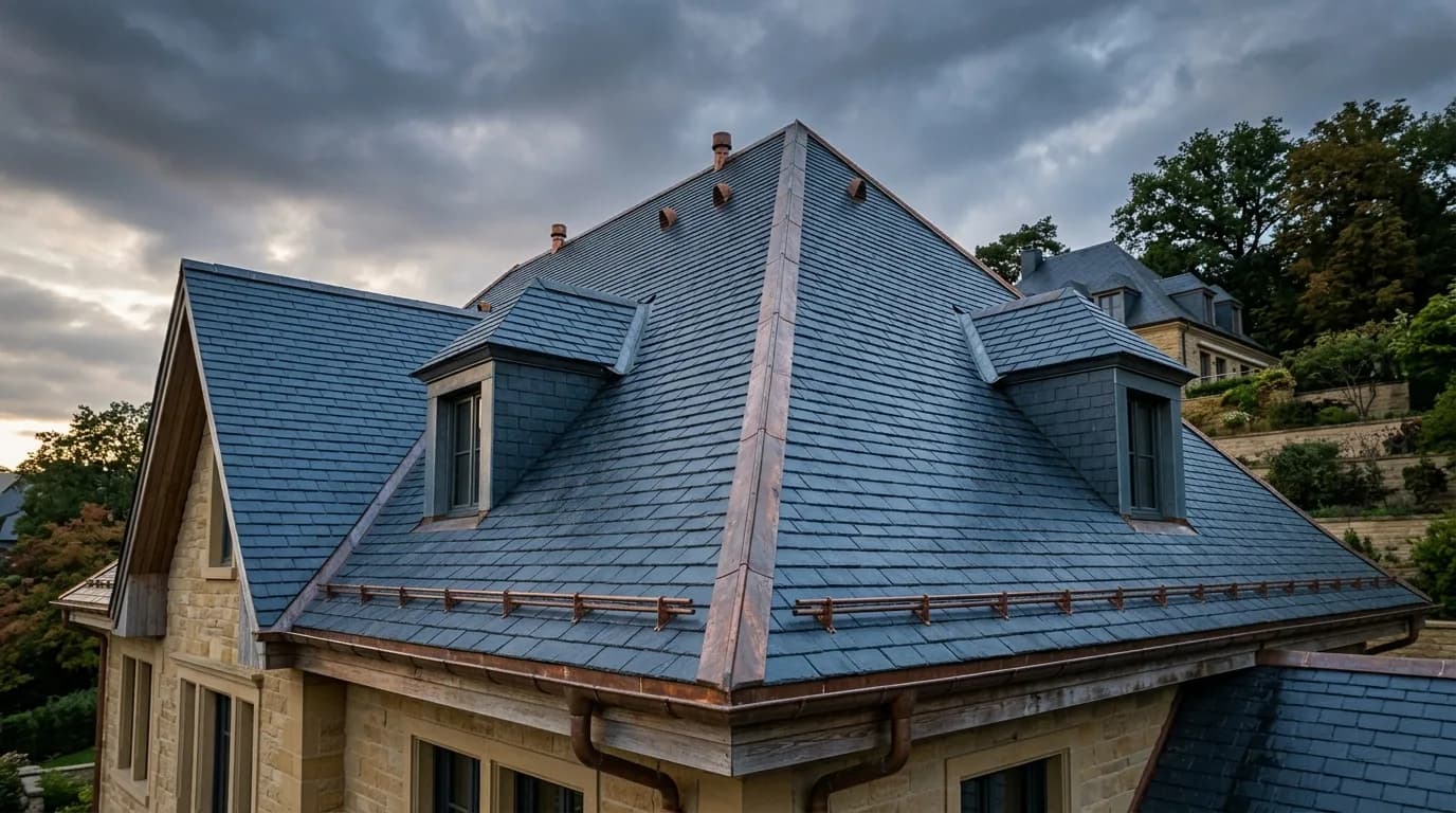 Toiture en ardoise naturelle posée par Toitures Alves & Fils au Luxembourg